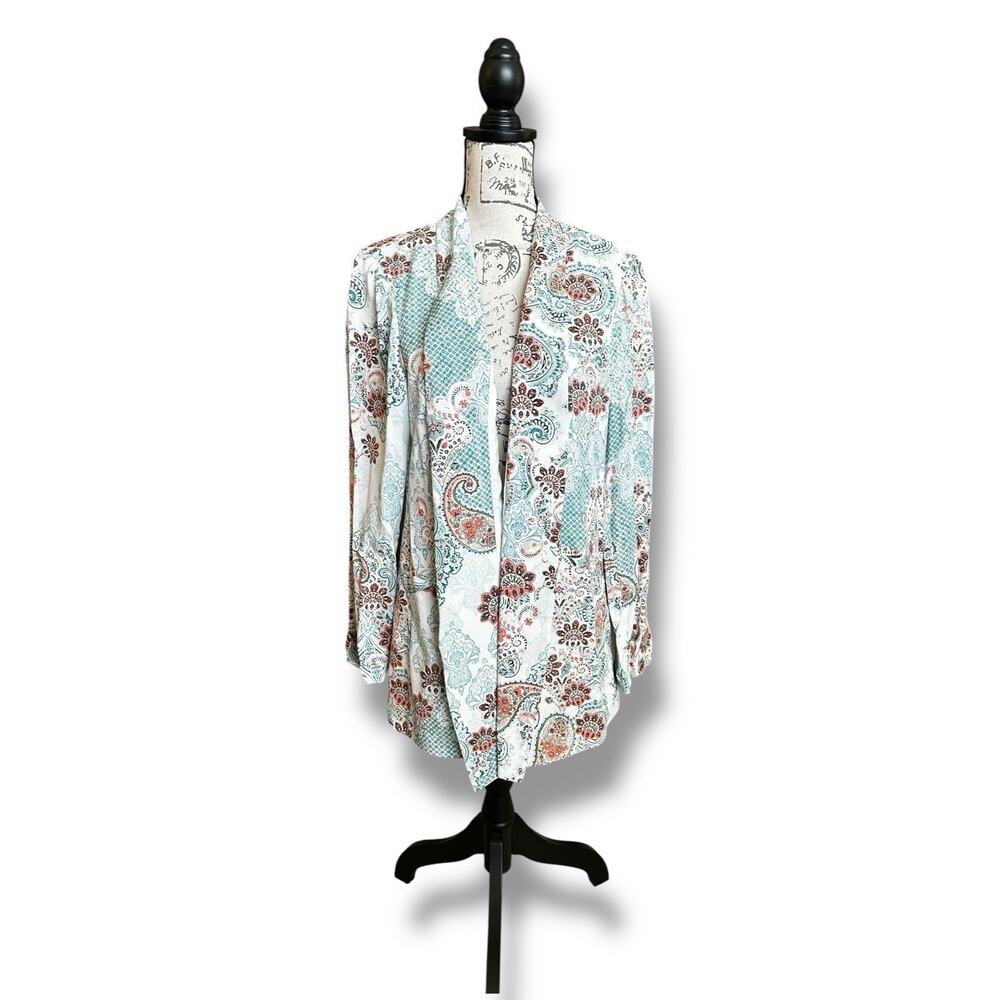 Chico's Blazer Open Front Moroccan Paisley Jacket Turquoise Peach White 2/Large